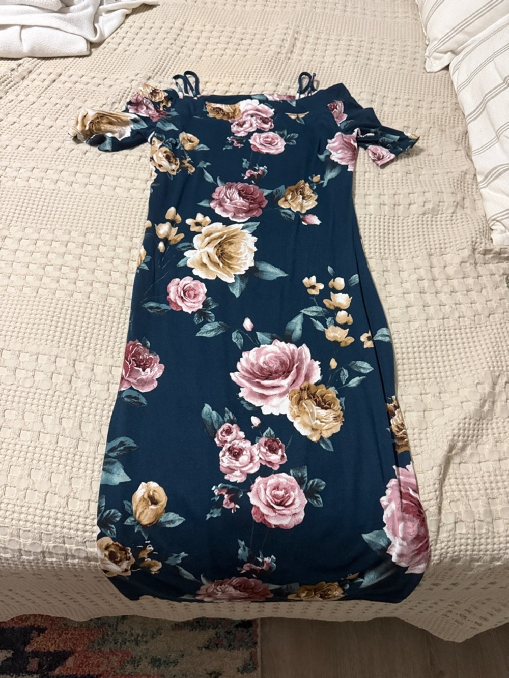 Haute Monde Navy Midi Dress with Pink & Gold Floral Print